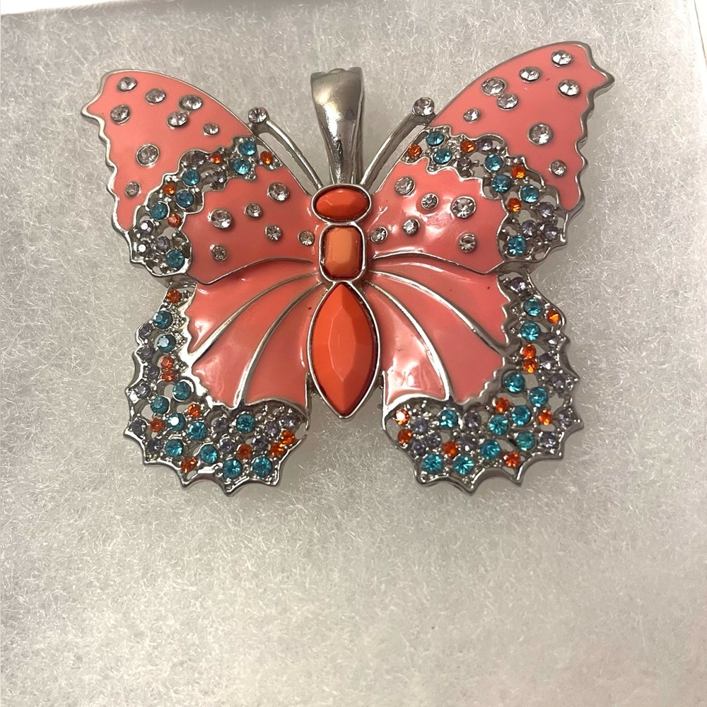 Butterfly Pendant Coral Color with Colored Rhinestones Silver Tone Signed RMN